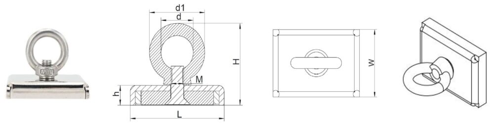 Square neodymium pot magnets with hanging rings (SN series)_stamping