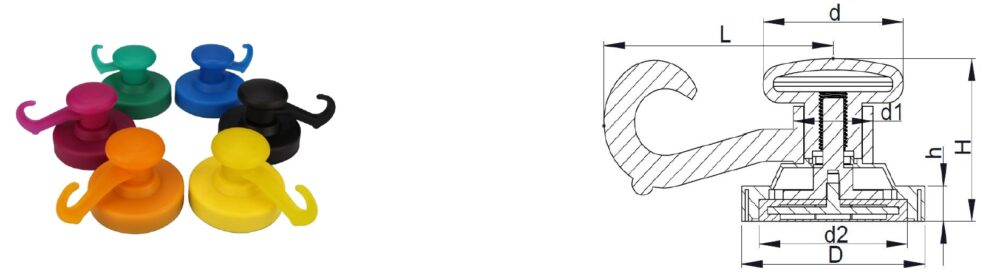 Rubber covered magnets with plastic hooks (NRD series)