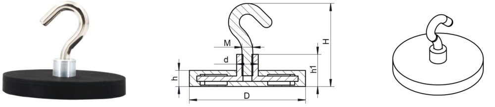 Neodymium Rubber Coated Magnet with Hook_NRBA-E Size